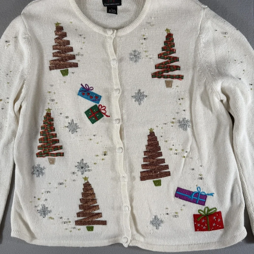 Studio Joy Christmas Tree & Gifts Ugly Sweater Cardigan Women's‎ L Cream